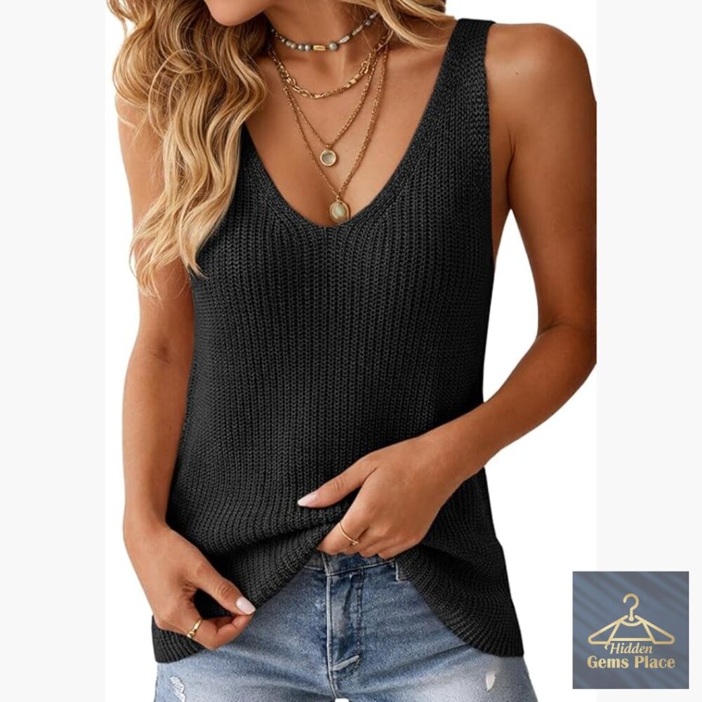 V-Neck Sleeveless Knit Vest Tank Top Loose Fit Summer Fall Tunic
